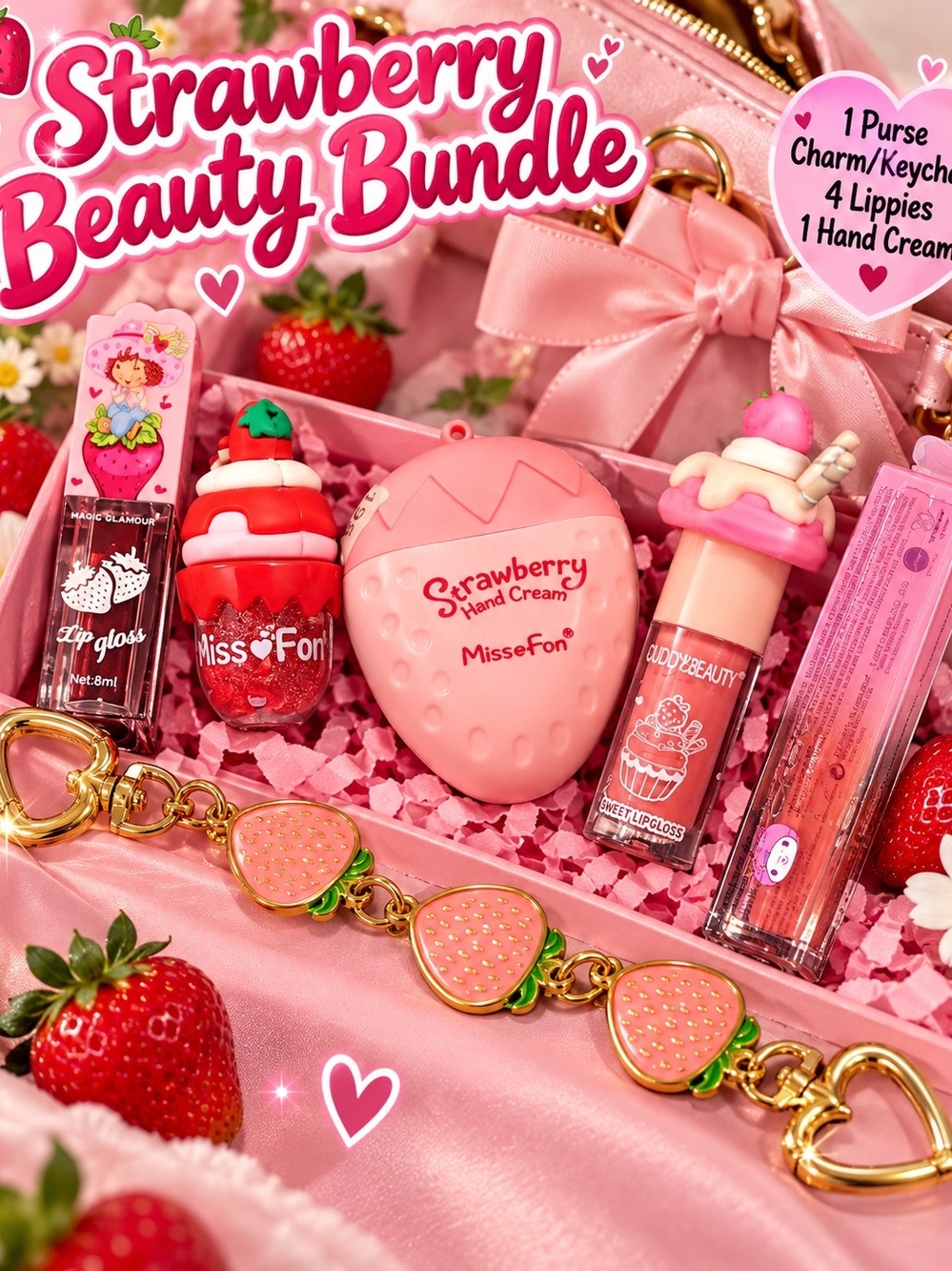 Strawberry Beauty Bundle - Pink Strawberry Purse Charm Lip Gloss & Hand Cream